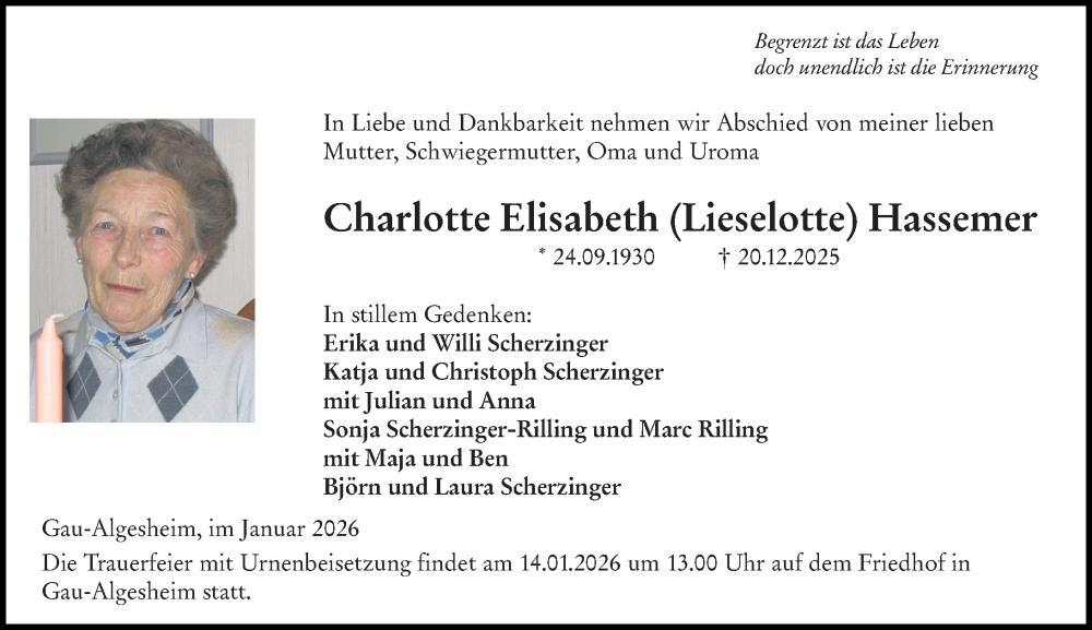  Traueranzeige für Charlotte Elisabeth Hassemer vom 10.01.2026 aus Allgemeine Zeitung Rheinhessen-Nahe
