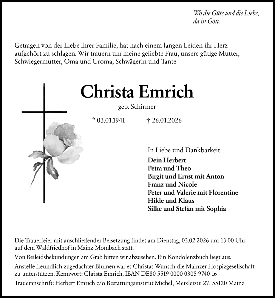  Traueranzeige für Christa Emrich vom 31.01.2026 aus Allgemeine Zeitung Rheinhessen-Nahe