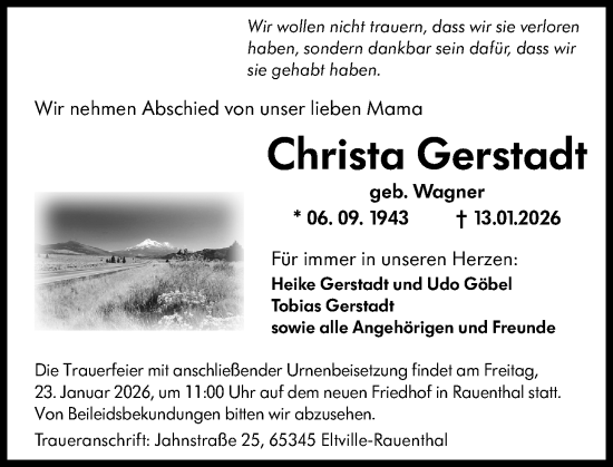 Traueranzeige von Christa Gerstadt von Rheingau Kurier