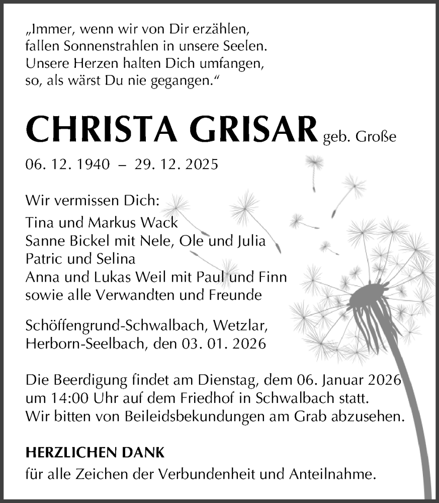  Traueranzeige für Christa Grisar vom 03.01.2026 aus Dill Block