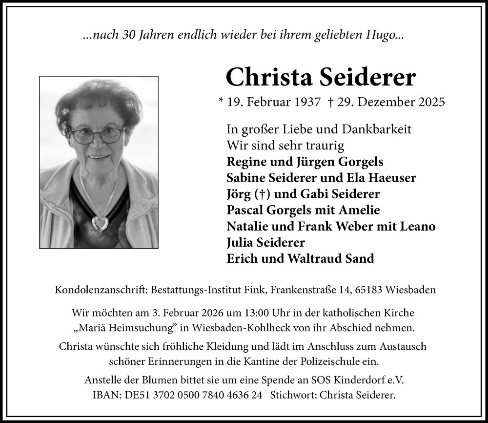  Traueranzeige für Christa Seiderer vom 07.01.2026 aus Wiesbadener Kurier