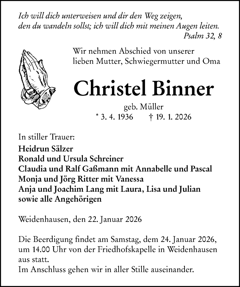  Traueranzeige für Christel Binner vom 22.01.2026 aus Hinterländer Anzeiger