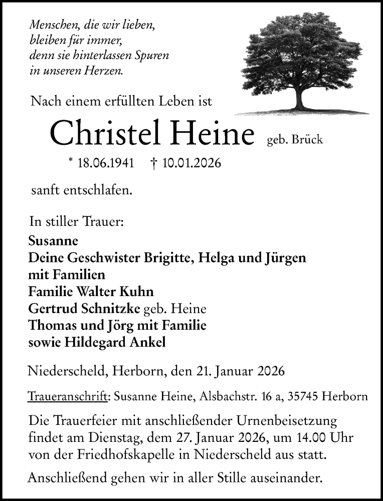  Traueranzeige für Christel Heine vom 21.01.2026 aus Dill Block