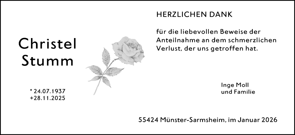  Traueranzeige für Christel Stumm vom 10.01.2026 aus Allgemeine Zeitung Rheinhessen-Nahe