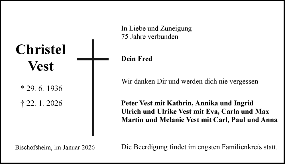  Traueranzeige für Christel Vest vom 28.01.2026 aus Allgemeine Zeitung Mainz