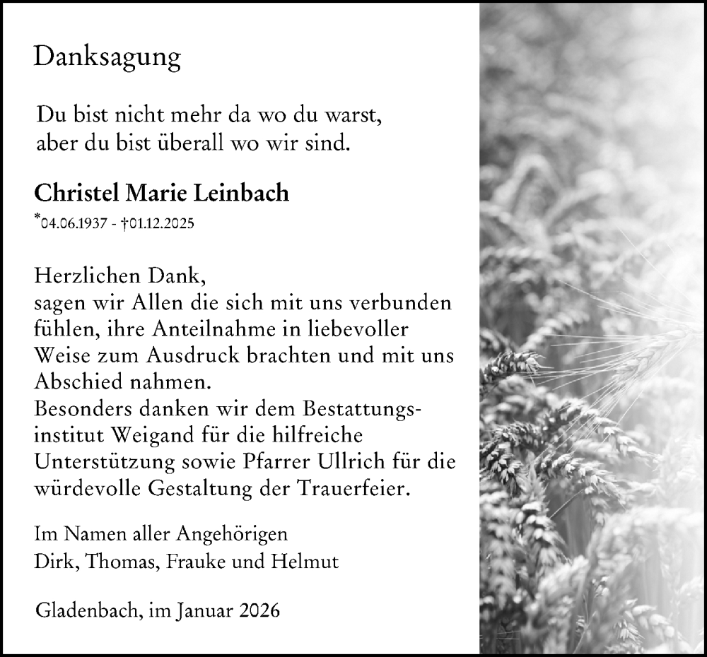  Traueranzeige für Christel Marie Leinbach vom 24.01.2026 aus Hinterländer Anzeiger