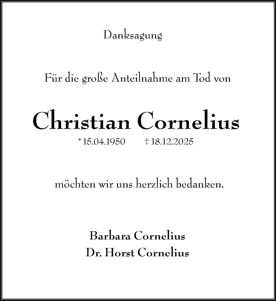  Traueranzeige für Christian Cornelius vom 10.01.2026 aus Wormser Zeitung