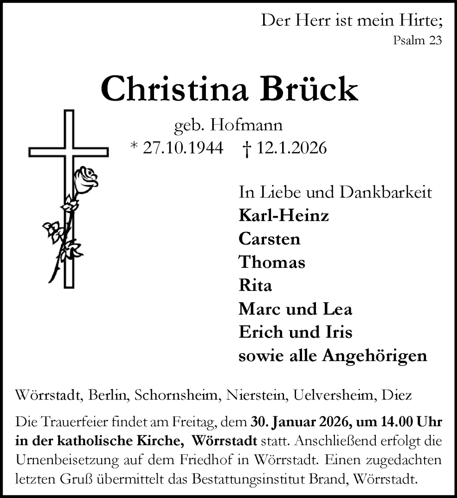  Traueranzeige für Christina Brück vom 17.01.2026 aus Allgemeine Zeitung Alzey