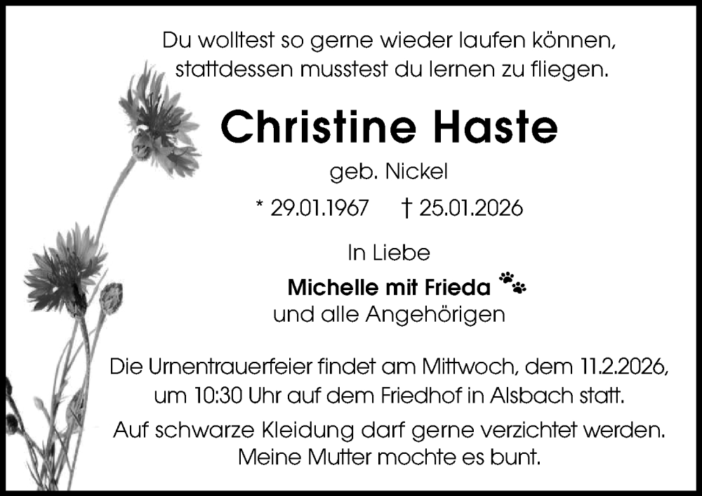  Traueranzeige für Christine Haste vom 31.01.2026 aus Darmstädter Echo