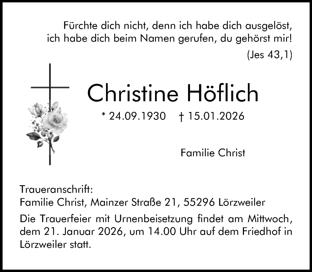  Traueranzeige für Christine Höflich vom 17.01.2026 aus Allgemeine Zeitung Mainz