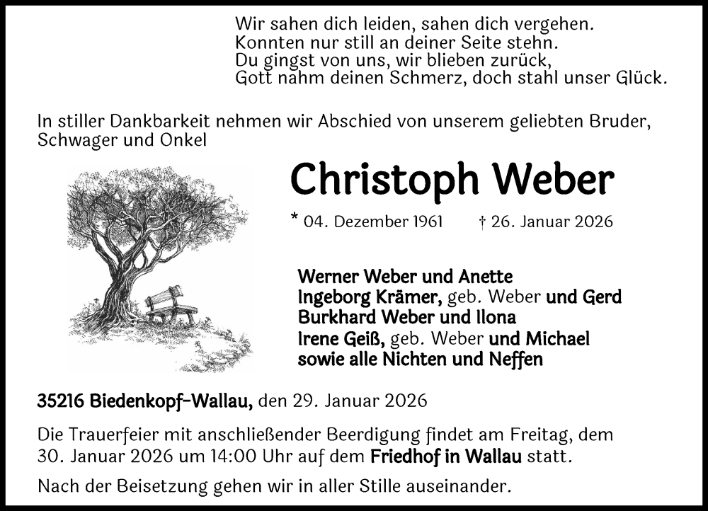  Traueranzeige für Christoph Weber vom 29.01.2026 aus Hinterländer Anzeiger