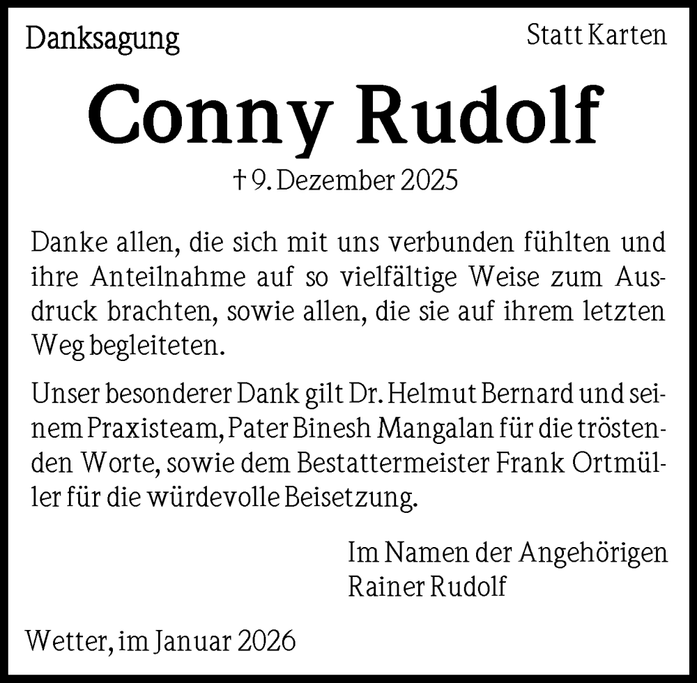  Traueranzeige für Conny Rudolf vom 24.01.2026 aus Hinterländer Anzeiger