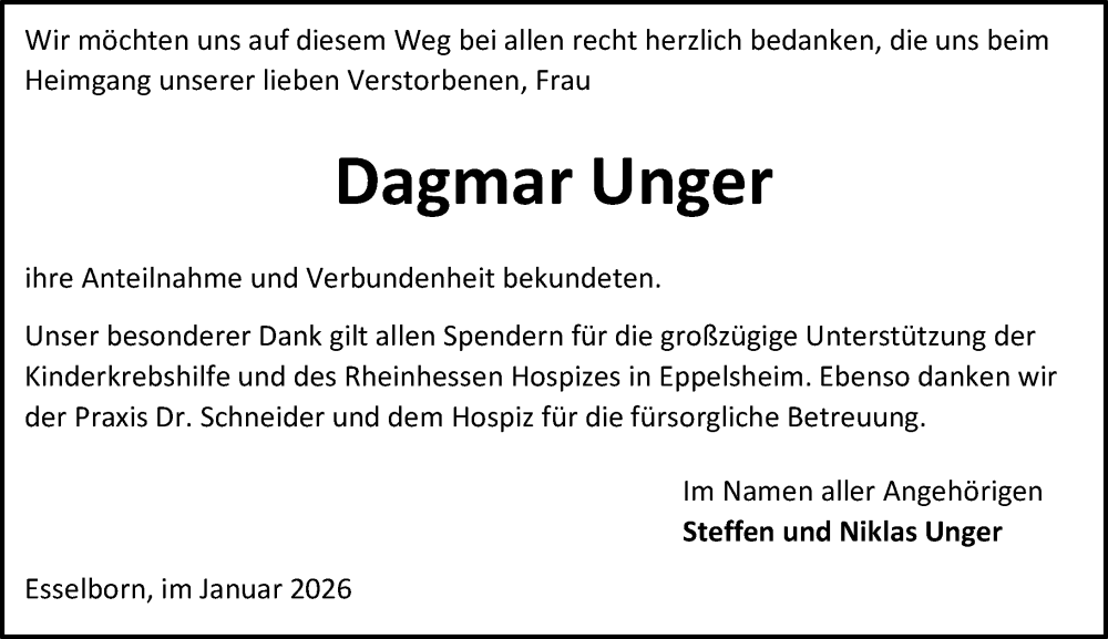  Traueranzeige für Dagmar Unger vom 17.01.2026 aus Allgemeine Zeitung Alzey