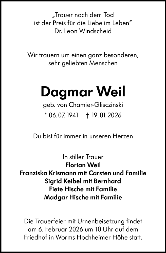  Traueranzeige für Dagmar Weil vom 24.01.2026 aus Wormser Zeitung