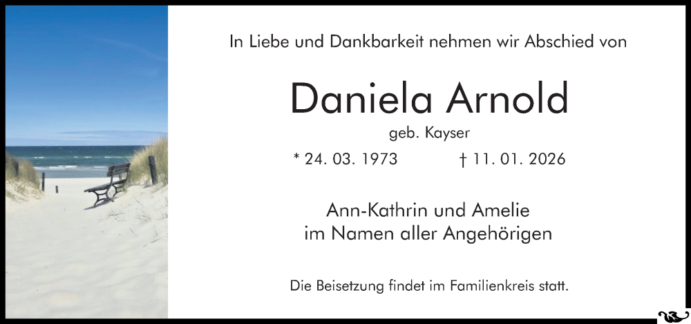  Traueranzeige für Daniela Arnold vom 17.01.2026 aus Allgemeine Zeitung Mainz