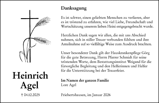 Traueranzeige von Heinrich Agel von Hinterländer Anzeiger