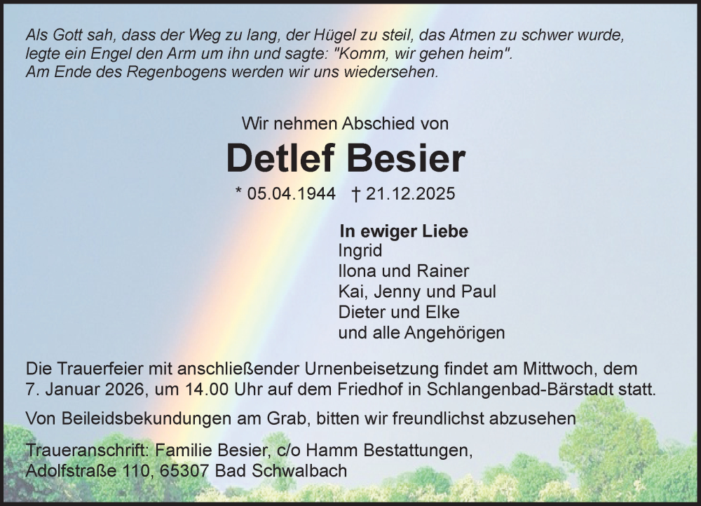  Traueranzeige für Detlef Besier vom 03.01.2026 aus Wiesbadener Kurier
