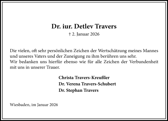 Traueranzeige von Detlev Travers von Wiesbadener Kurier