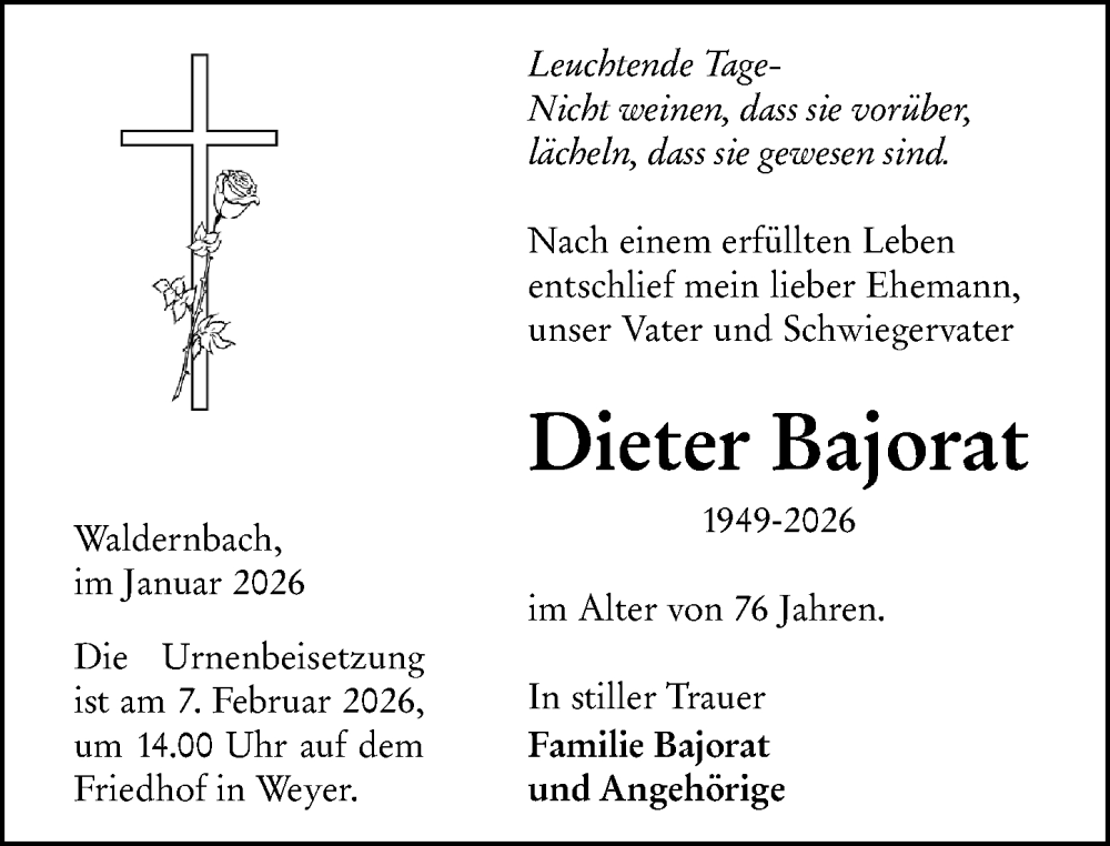  Traueranzeige für Dieter Bajorat vom 24.01.2026 aus Weilburger Tageblatt