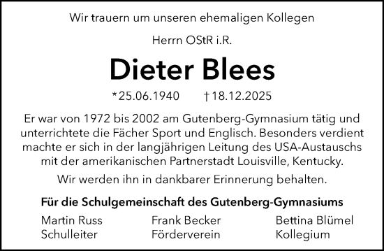 Traueranzeige von Dieter Blees von Allgemeine Zeitung Mainz