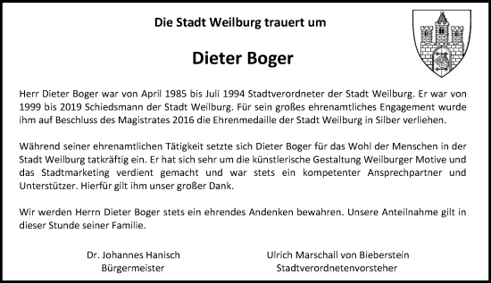Traueranzeige von Dieter Boger von Weilburger Tageblatt