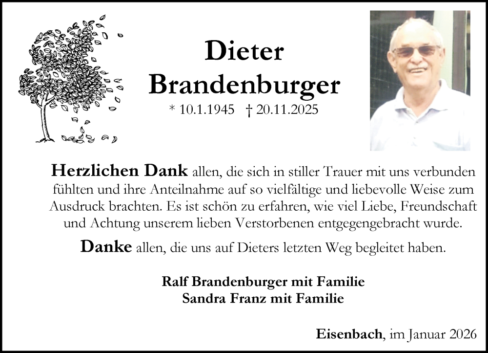  Traueranzeige für Dieter Brandenburger vom 15.01.2026 aus Camberger Anzeiger