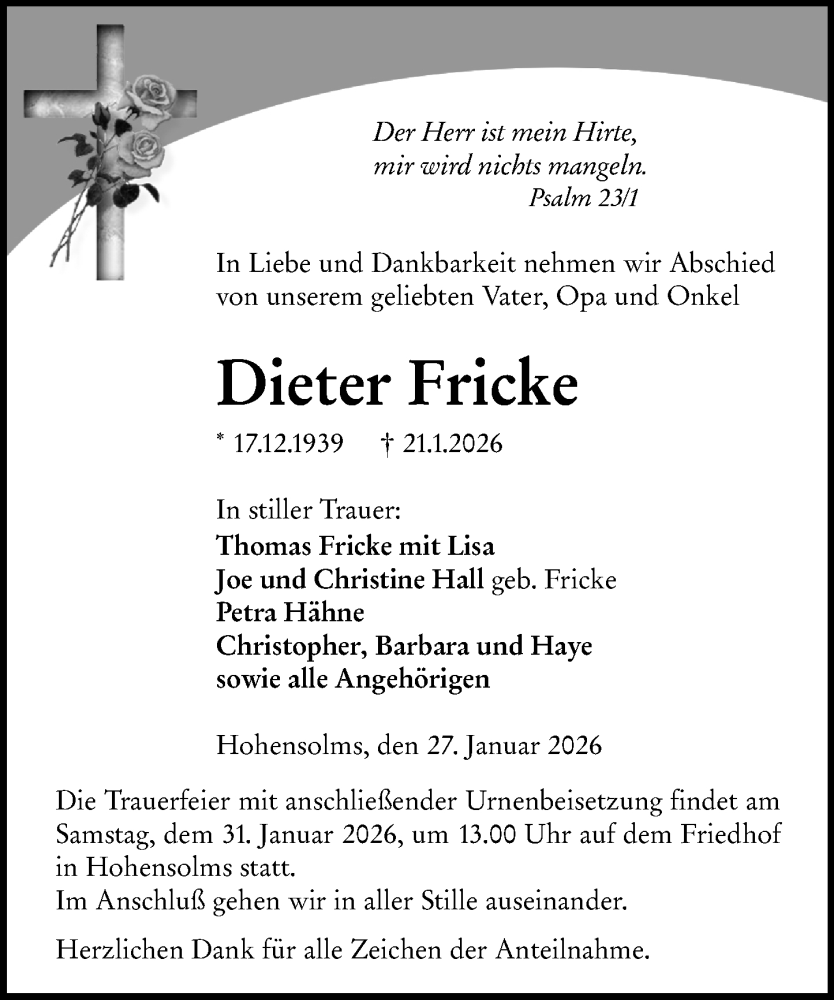  Traueranzeige für Dieter Fricke vom 27.01.2026 aus Wetzlarer Neue Zeitung
