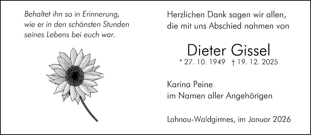  Traueranzeige für Dieter Gissel vom 24.01.2026 aus Wetzlarer Neue Zeitung