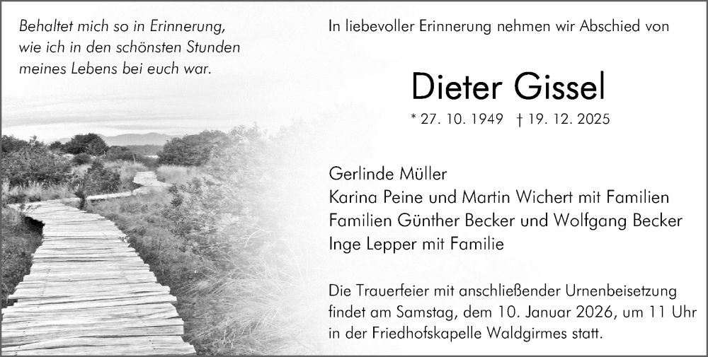  Traueranzeige für Dieter Gissel vom 03.01.2026 aus Wetzlarer Neue Zeitung