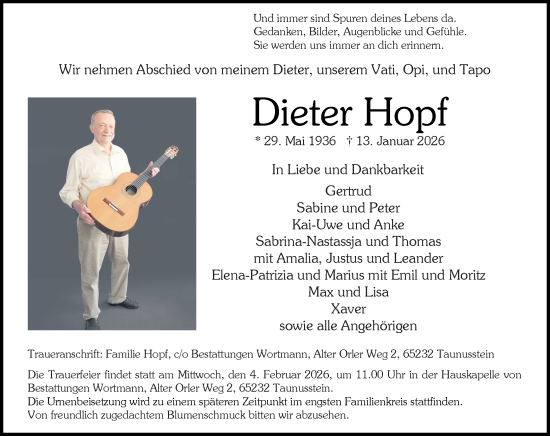 Traueranzeige von Dieter Hopf von Wiesbadener Kurier