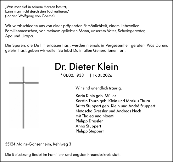 Traueranzeige von Dieter Klein von Allgemeine Zeitung Mainz