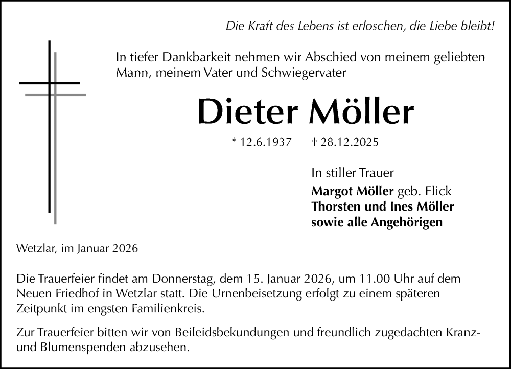  Traueranzeige für Dieter Möller vom 10.01.2026 aus Wetzlarer Neue Zeitung