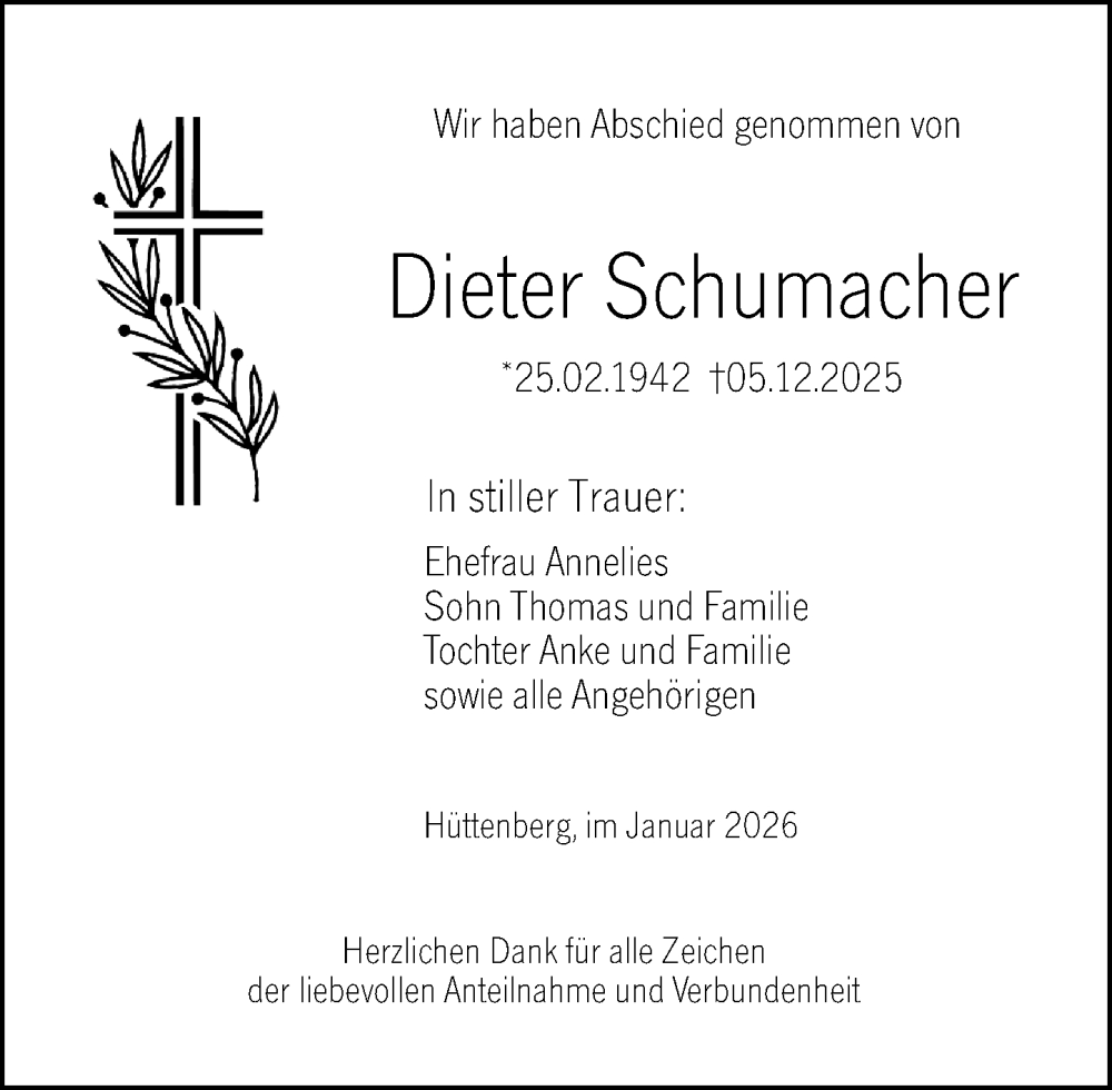  Traueranzeige für Dieter Schumacher vom 05.01.2026 aus Wetzlarer Neue Zeitung