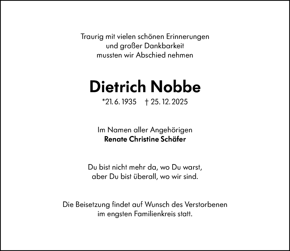  Traueranzeige für Dietrich Nobbe vom 03.01.2026 aus Weilburger Tageblatt