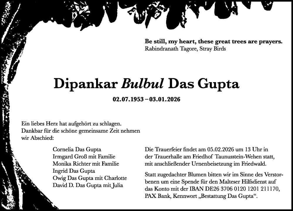  Traueranzeige für Dipankar Bulbul Das Gupta vom 17.01.2026 aus Wiesbadener Kurier