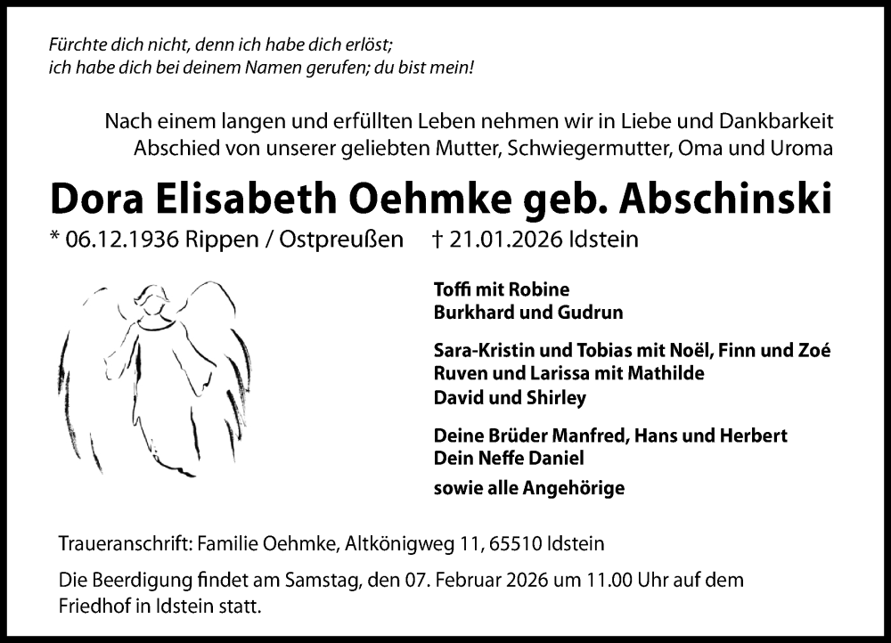  Traueranzeige für Dora Elisabeth Oehmke vom 31.01.2026 aus Idsteiner Land/Untertaunus