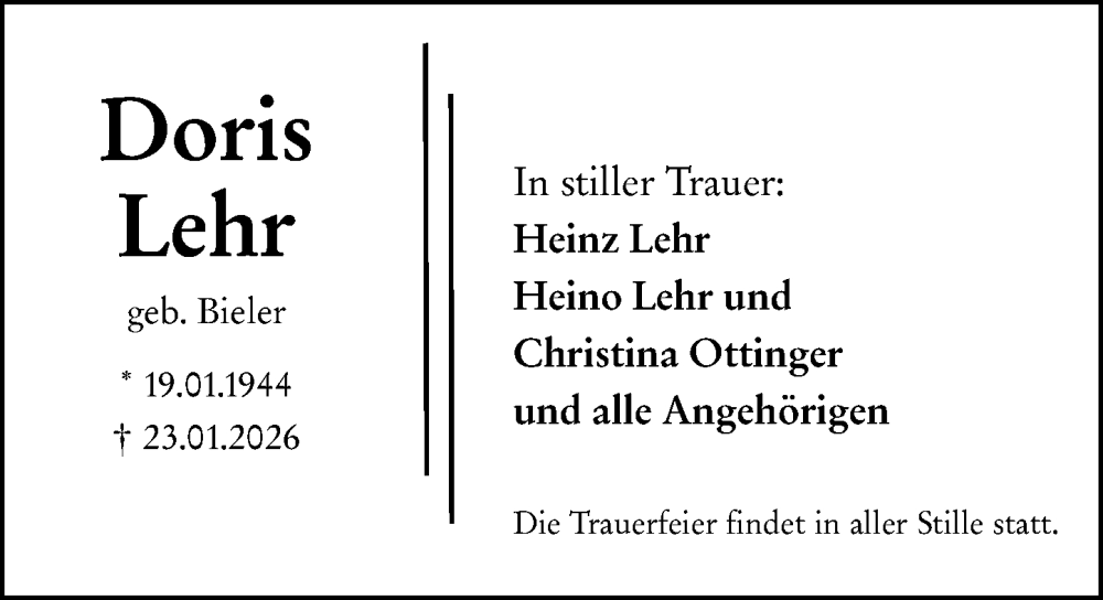  Traueranzeige für Doris Lehr vom 31.01.2026 aus Wiesbadener Kurier
