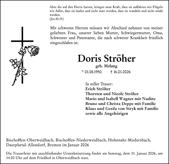 Traueranzeige von Doris Ströher von Hinterländer Anzeiger