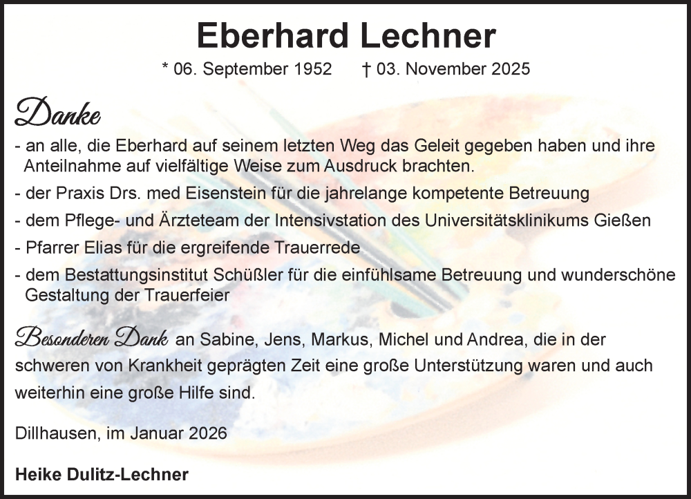 Traueranzeige für Eberhard Lechner vom 24.01.2026 aus Weilburger Tageblatt