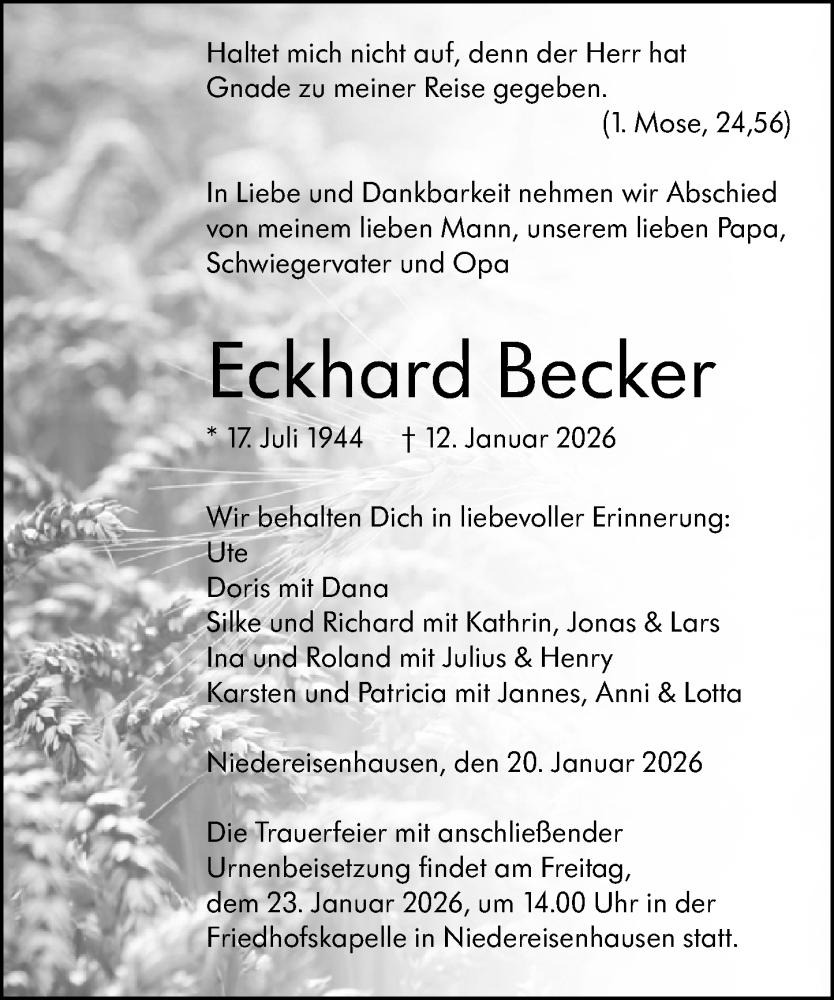  Traueranzeige für Eckhard Becker vom 20.01.2026 aus Hinterländer Anzeiger