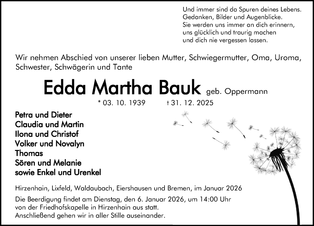  Traueranzeige für Edda Martha Bauk vom 03.01.2026 aus Dill Block