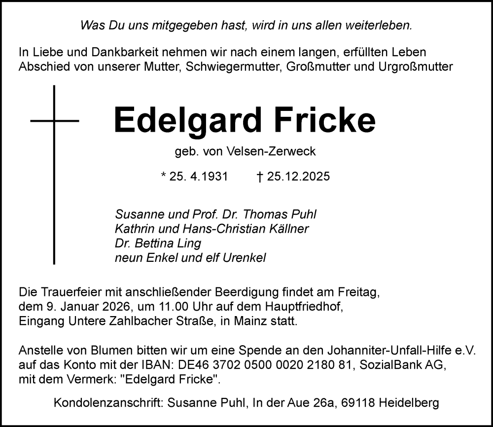  Traueranzeige für Edelgard Fricke vom 03.01.2026 aus Allgemeine Zeitung Mainz