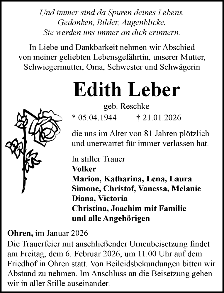  Traueranzeige für Edith Leber vom 29.01.2026 aus Camberger Anzeiger