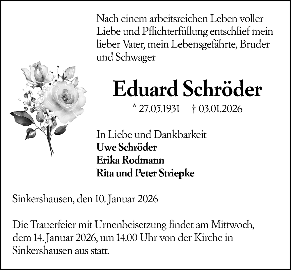  Traueranzeige für Eduard Schröder vom 10.01.2026 aus Hinterländer Anzeiger