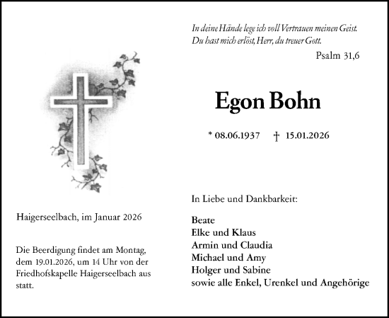 Traueranzeige von Egon Bohn von Dill Block