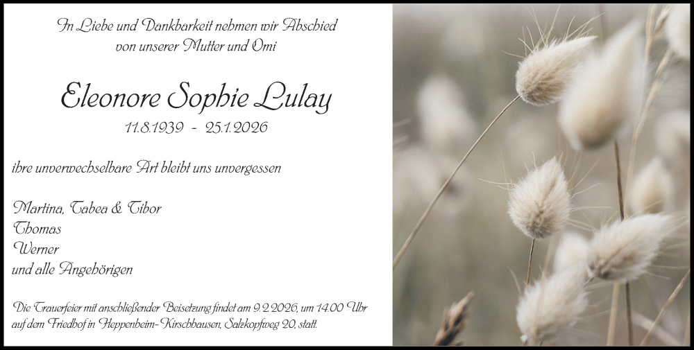  Traueranzeige für Eleonore Sophie Lulay vom 31.01.2026 aus Starkenburger Echo