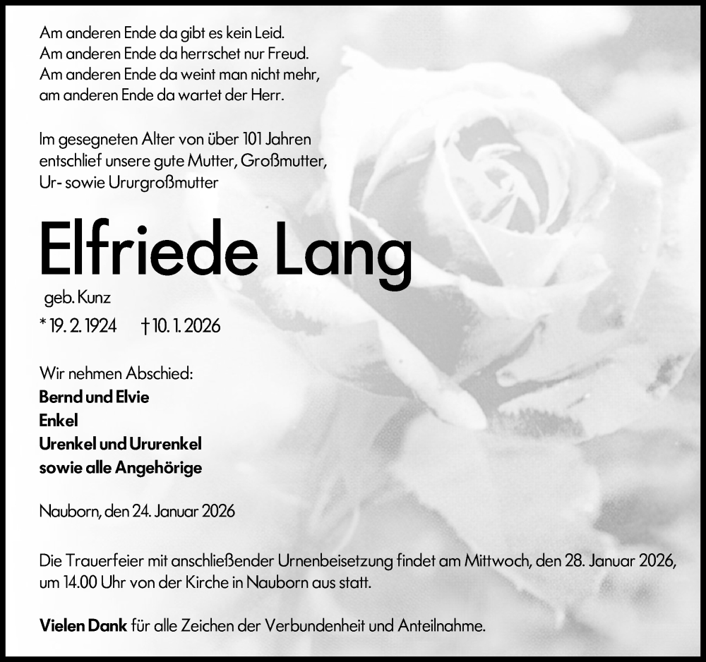  Traueranzeige für Elfriede Lang vom 24.01.2026 aus Wetzlarer Neue Zeitung