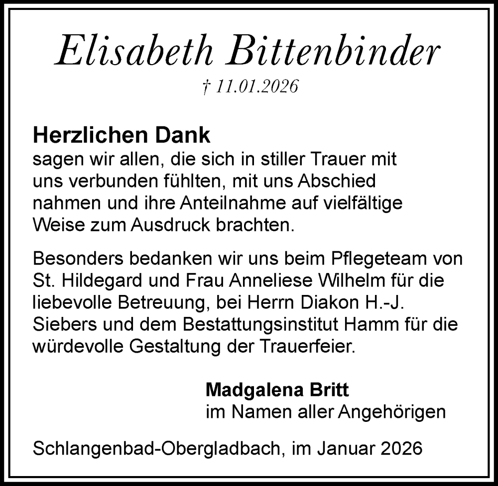  Traueranzeige für Elisabeth Bittenbinder vom 31.01.2026 aus Rheingau-Taunus-Kreis Wochenblatt