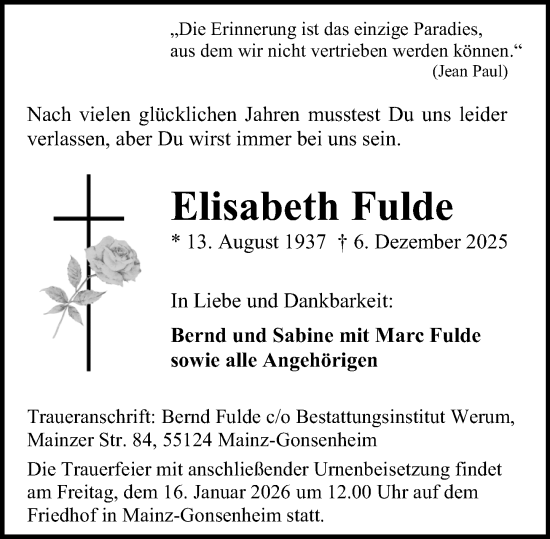 Traueranzeige von Elisabeth Fulde von Allgemeine Zeitung Mainz
