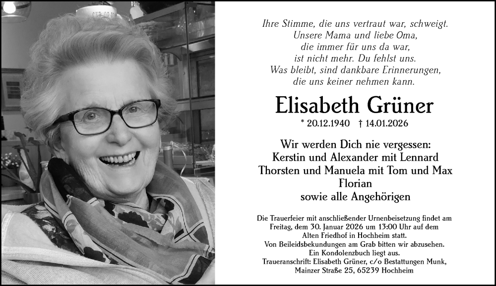  Traueranzeige für Elisabeth Grüner vom 24.01.2026 aus Wiesbadener Kurier